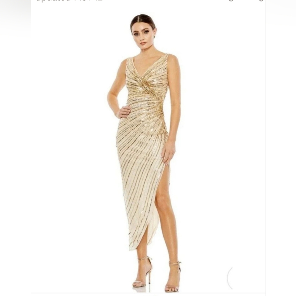 Mac Duggal Midi Dress Gold Sequin Wrap Sleeveless Evening Formal Prom Asymmetric